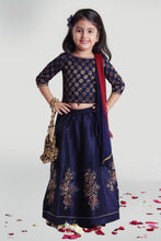 Load image into Gallery viewer, Girls Navy Skirt And Choli Set With Dupatta