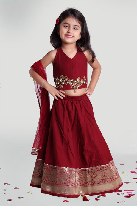 Girls Maroon Skirt And Choli Set With Dupatta For Girls