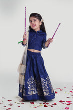 Load image into Gallery viewer, Girls Blue Gather Skirt And Choli Set With Dupatta