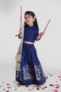 Girls Blue Gather Skirt And Choli Set With Dupatta