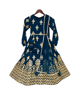 Girls Teal Blue Gota Embroidery Anarkali