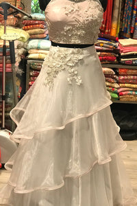 Three Layer Indowestern White N Pink Croptop Skirt