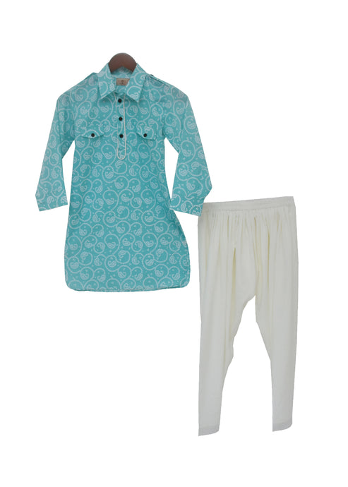 BOYS Turquoise Print Kurta Salwar Set