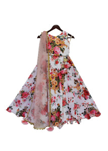 Girls White Floral Printed Lehenga Choli With Pink Dupatta