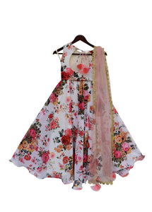 Girls White Floral Printed Lehenga Choli With Pink Dupatta