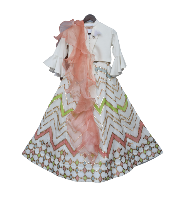 Girls White Lehenga With Off White Top And Dupatta