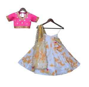 Girls White Sequence Lehenga With Hot Pink Choli And Dupatta