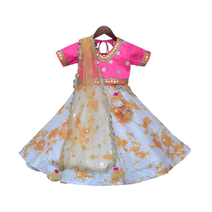 Girls White Sequence Lehenga With Hot Pink Choli And Dupatta