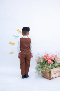 Boys White Shirt With Brown Waist Coat And Pant With Animals Motifs