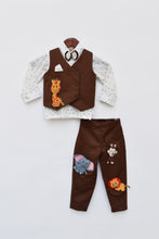 Load image into Gallery viewer, Boys White Shirt With Brown Waist Coat And Pant With Animals Motifs