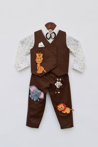 Boys White Shirt With Brown Waist Coat And Pant With Animals Motifs