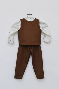 Boys White Shirt With Brown Waist Coat And Pant With Animals Motifs