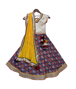 Girls White Embroidery Choli With Blue Printed Lehenga