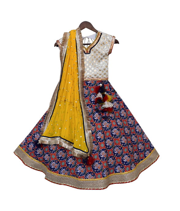Girls White Embroidery Choli With Blue Printed Lehenga
