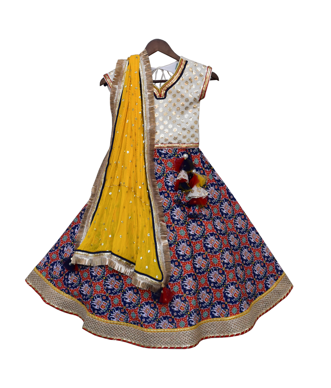Girls White Embroidery Choli With Blue Printed Lehenga