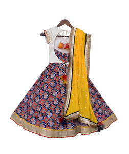 Girls White Embroidery Choli With Blue Printed Lehenga