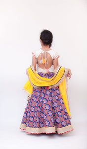 Girls White Embroidery Choli With Blue Printed Lehenga