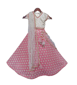 Girls White Embroidery Choli With Peach Embroidery Lehenga