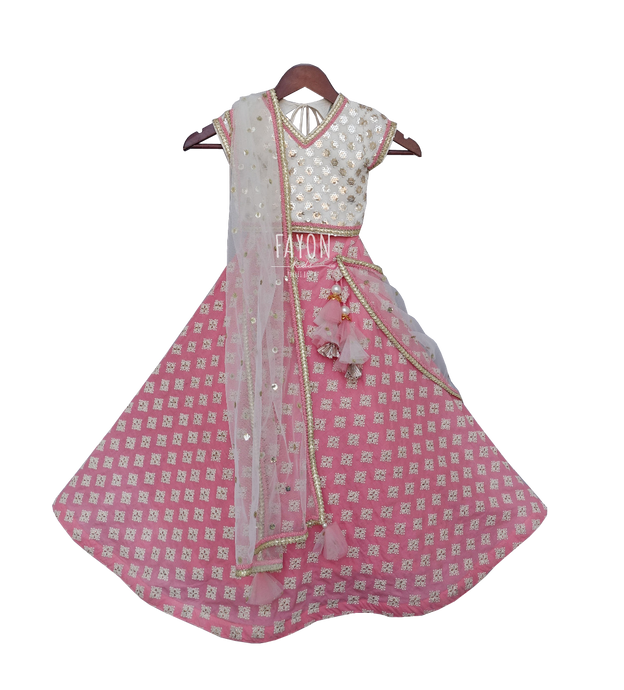 Girls White Embroidery Choli With Peach Embroidery Lehenga