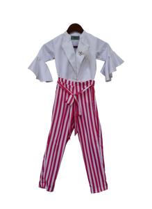 Girls White Knotted Top With Stripe Pants