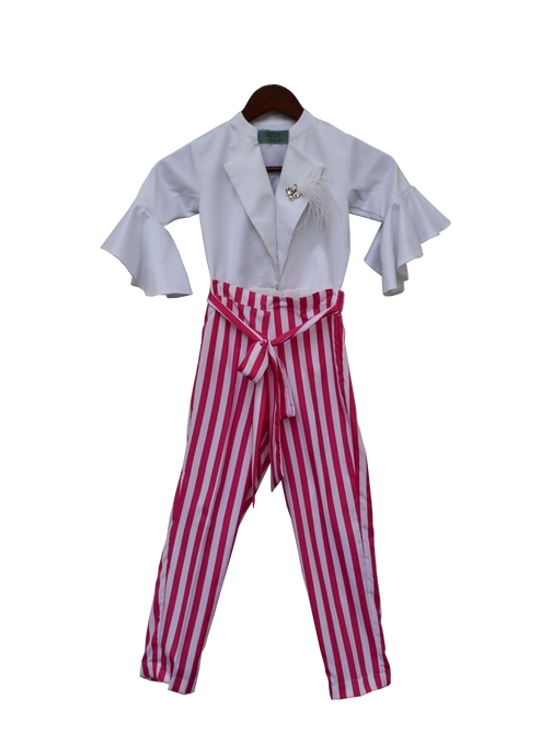 Girls White Knotted Top With Stripe Pants