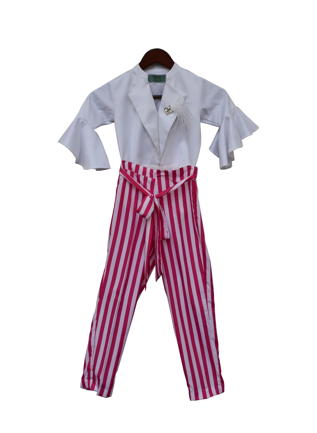 Girls White Knotted Top With Stripe Pants