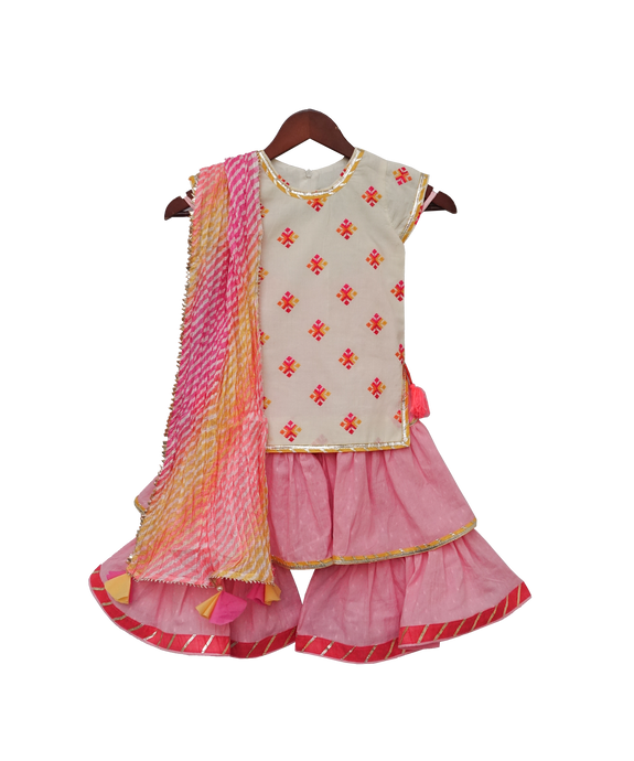 Girls White Multi Colour Bootie Kurti With Pink Sharara