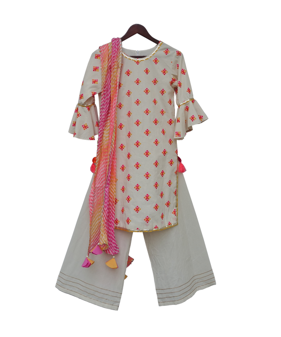 Girls White Multi Colour Bootie Kurti With Plazo