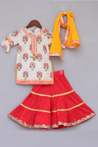 Perfect Panache - Girls White Printed Kurti With Coral Sharara