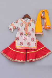 Girls White Printed Kurti With Coral Sharara