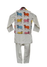 Load image into Gallery viewer, Boys White Printed Nehru Jacket With White Cowl Kurta And Churidar