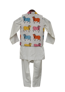 Boys White Printed Nehru Jacket With White Cowl Kurta And Churidar