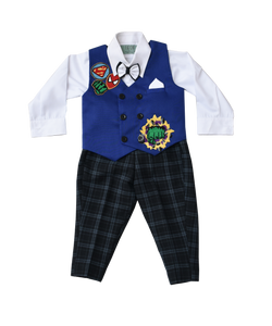 Boys White Shirt With Black Check Pant & Hulk Print Waist Coat