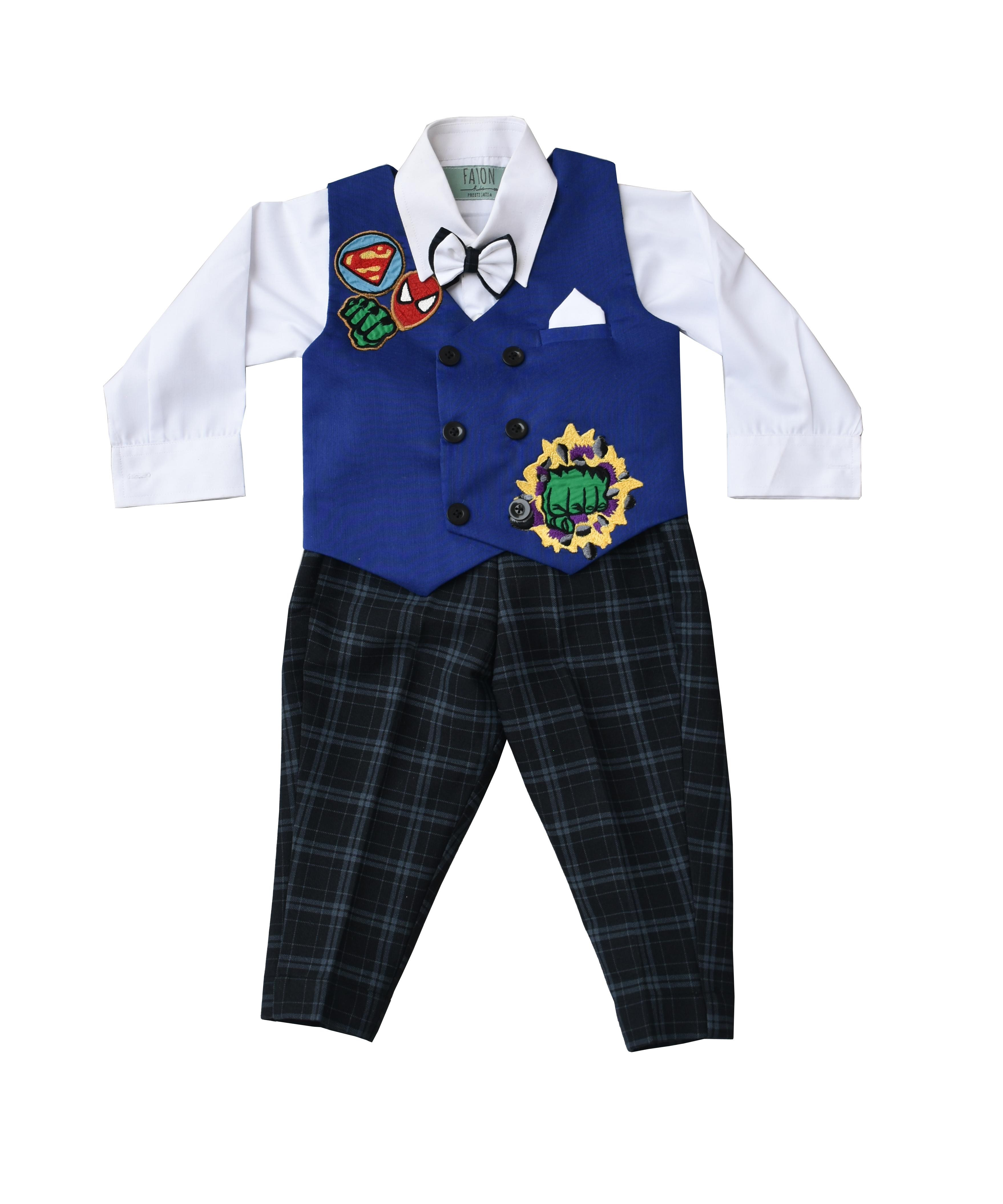 Kids Suit Boys White Shirt With Black Check Pant Hulk Print