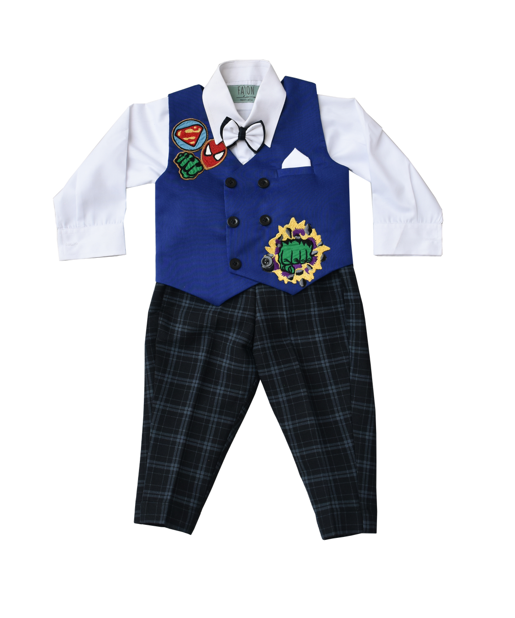 Boys White Shirt With Black Check Pant & Hulk Print Waist Coat