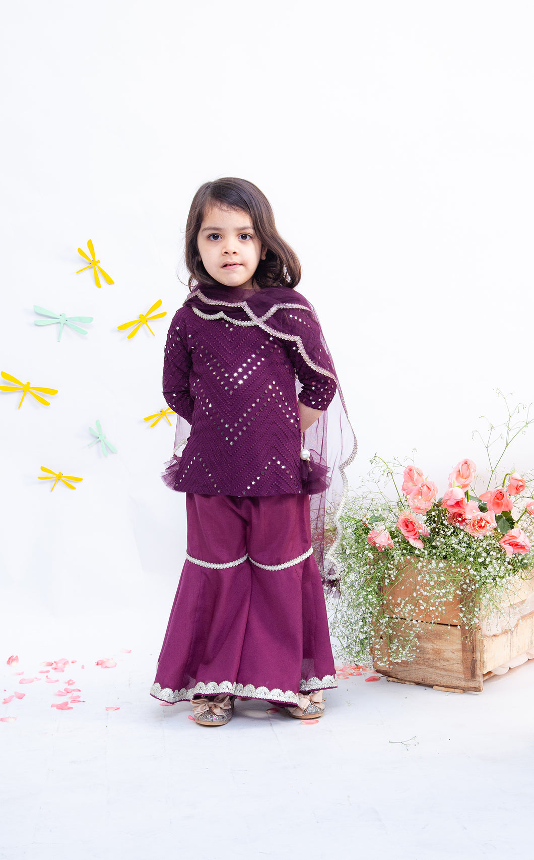 Girls Wine Mirror And Thread Work Kurti And Sharara