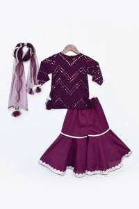 Girls Wine Mirror And Thread Work Kurti And Sharara