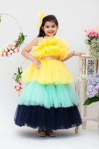 Girls Yellow Aqua And Blue Frill Gown