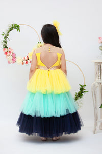 Girls Yellow Aqua And Blue Frill Gown