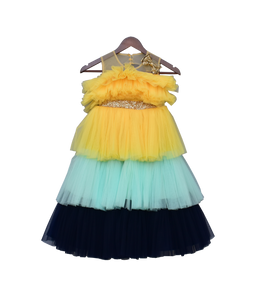 Girls Yellow Aqua And Blue Frill Gown