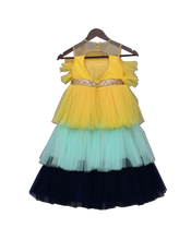 Load image into Gallery viewer, Girls Yellow Aqua And Blue Frill Gown