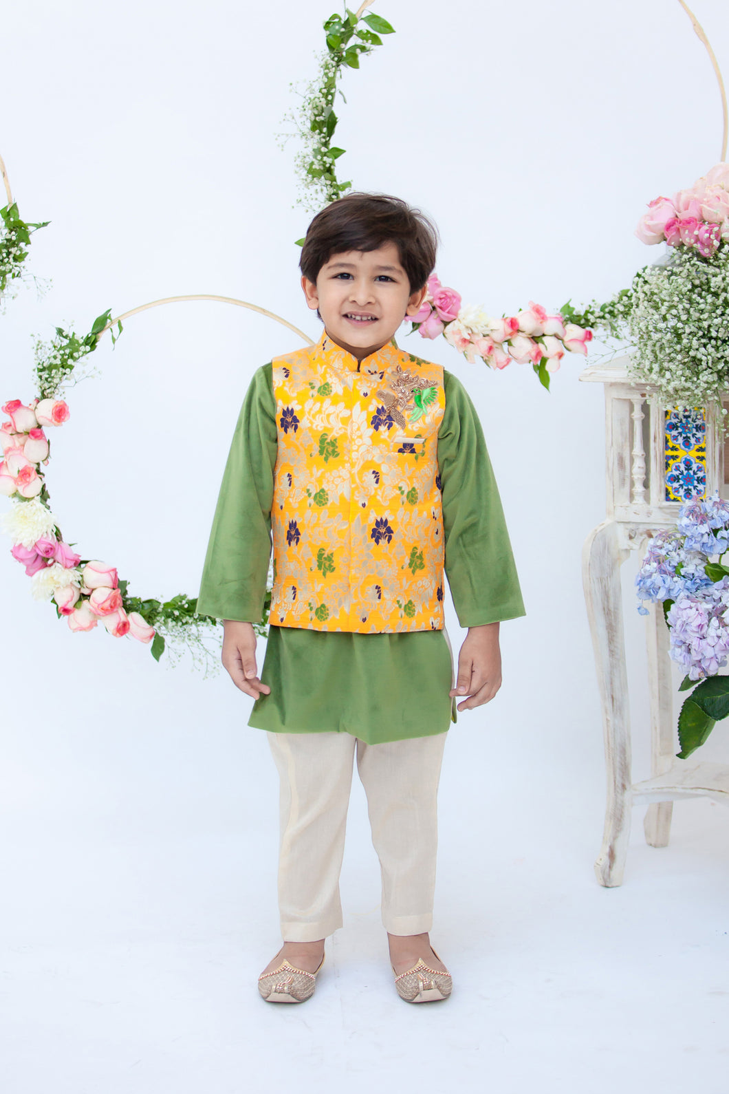 Boys Yellow Brocade Jacket With Kurta Pant