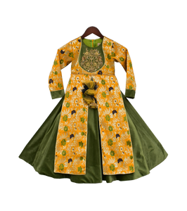 Girls Yellow Brocade And Velvet Anarkali