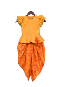 Girls Yellow Chanderi Boti Peplum Top With Dhoti