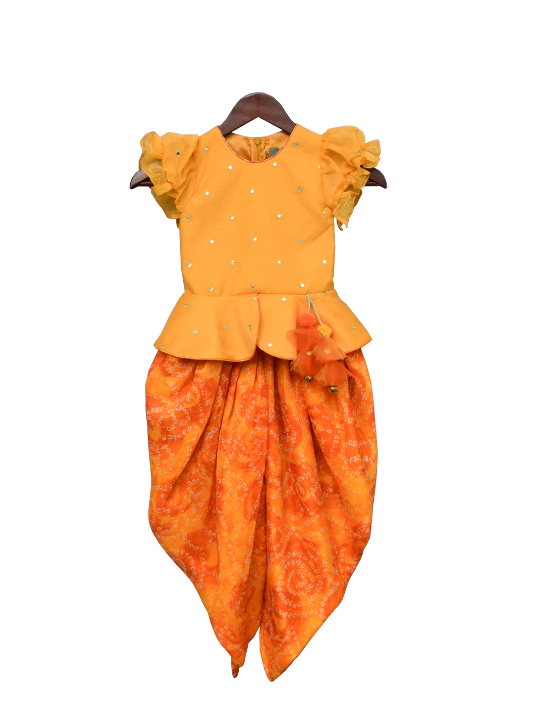 Kids Suit: Girls Yellow Chanderi Boti Peplum Top With Dhoti
