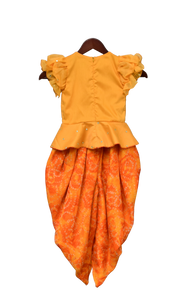 Girls Yellow Chanderi Boti Peplum Top With Dhoti