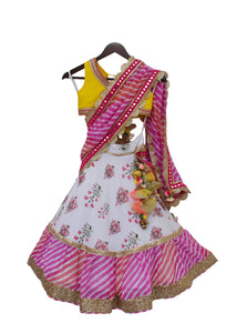 Girls Yellow Choli With White Print Lehenga And Pink Leheriya Dupatta