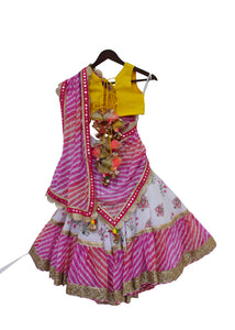 Girls Yellow Choli With White Print Lehenga And Pink Leheriya Dupatta