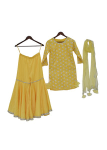 Girls Yellow Embroidery Kurti With Sharara And Dupatta