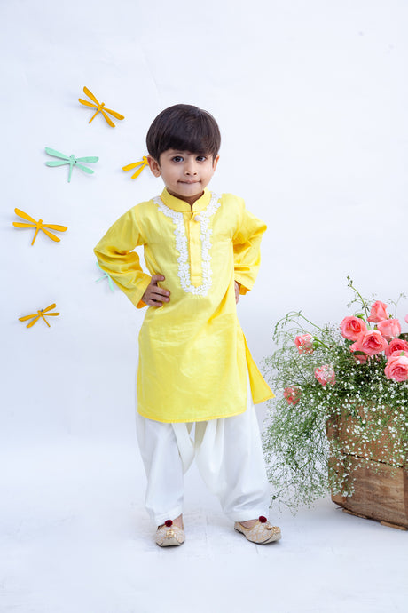 Boys Yellow Kurta With Dori Work And Salwar